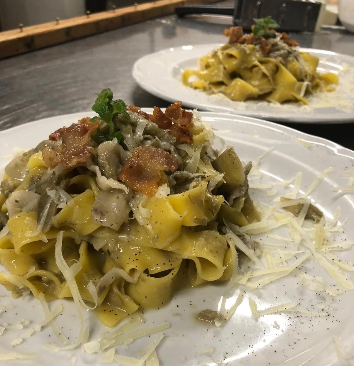Fettuccine carciofo ortano, guanciale, pecorino