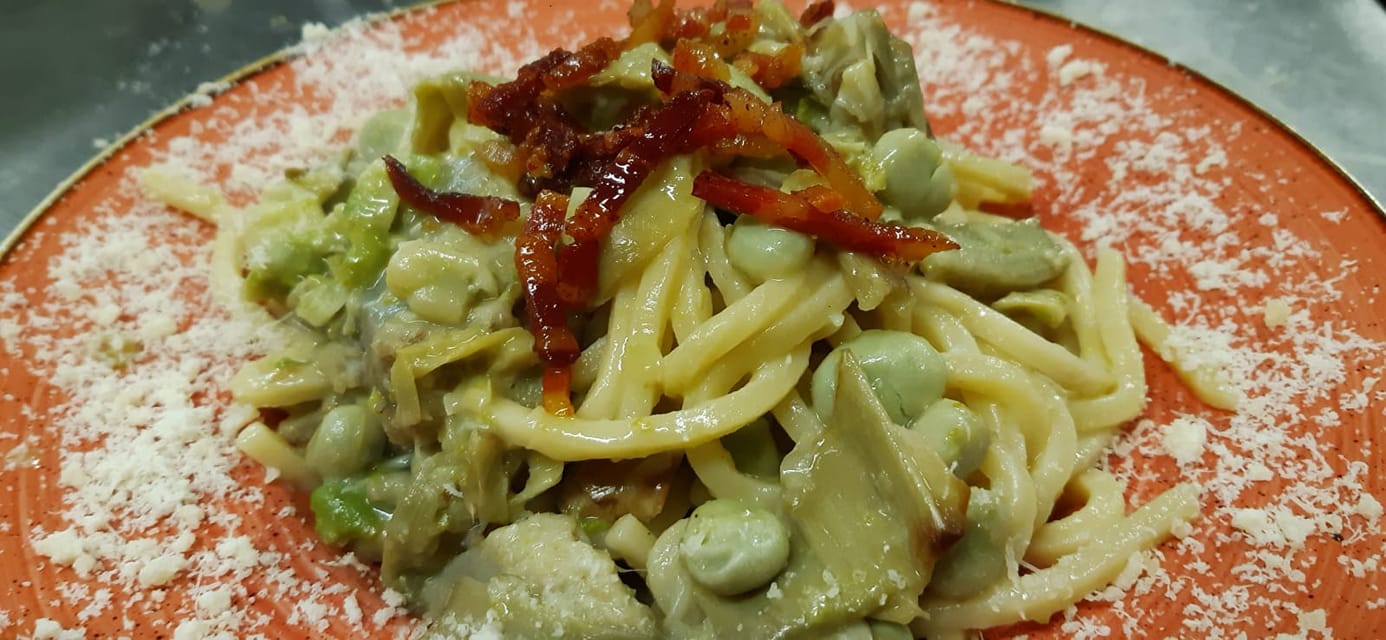 Visciarello carciofo ortano, fave, guanciale, pecorino